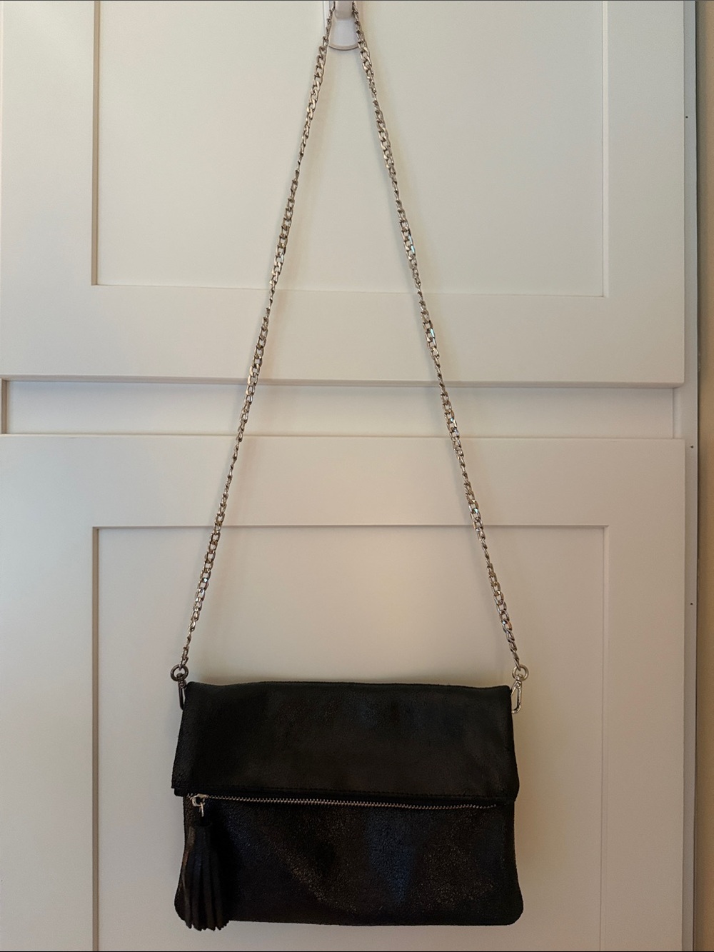 Black Leather-Like Fold-Over Shoulder Bag with Chain Strap